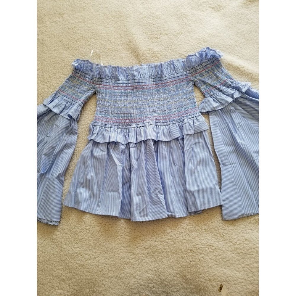 AQUA Brand Womens Tunic Top, Blue&White Stripe, Bell Sleeves Off The Shoulder S - Picture 3 of 8